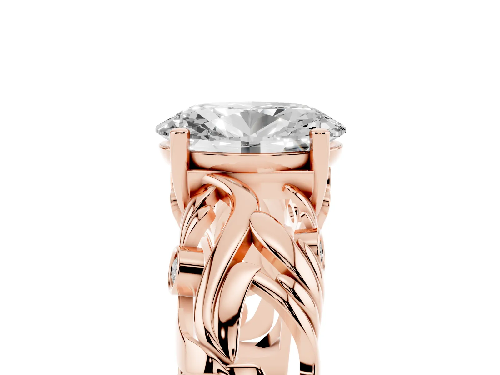 Oval Cut Solitaire Diamond Leaf-Inspired Vine Band Ring with Prong Setting Rose gold