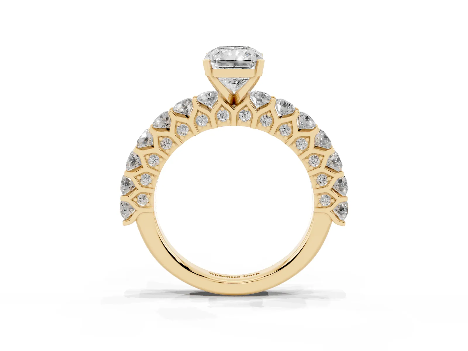 Radiant Cut Diamond Solitaire Ring with Shared Prong Pavé Band and Four-Prong Setting Yellow gold