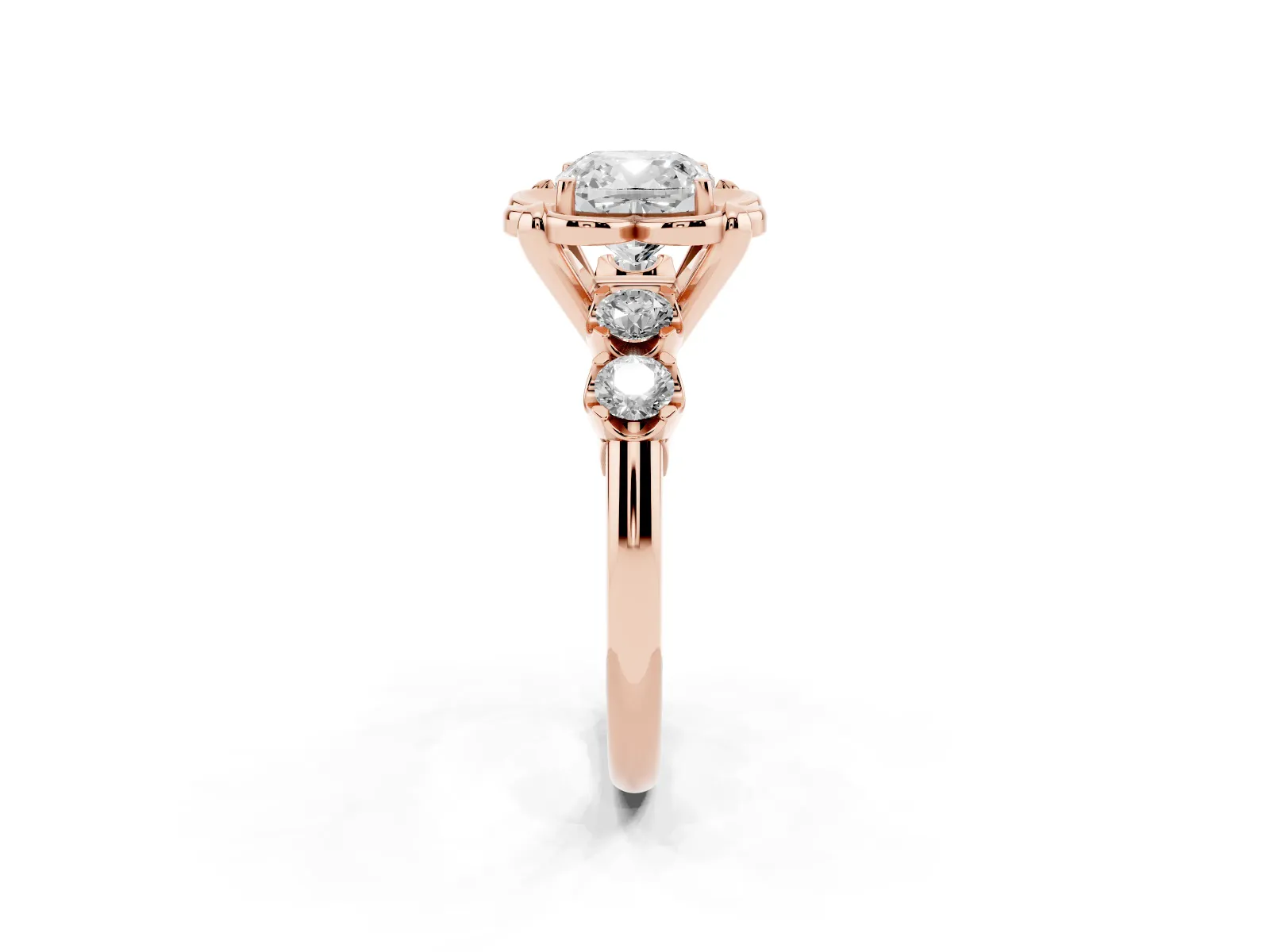 Cushion Cut Cut Diamond Floral Halo Engagement Ring with Shared Prong Setting Rose gold