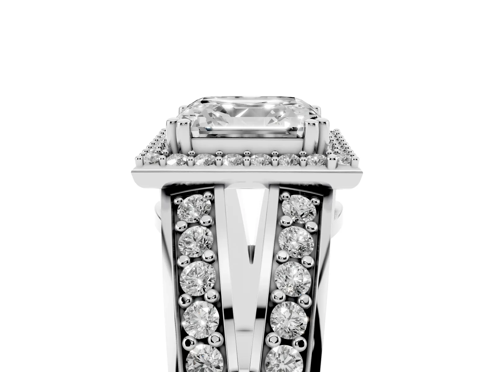 Asscher Cut Diamond Halo Ring with Split Shank Pavé Band and Four-Prong Setting Platinum