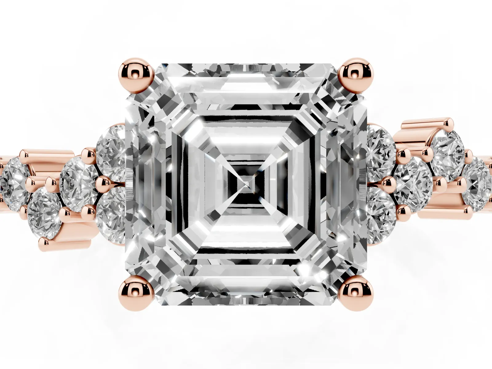 Asscher Cut Diamond Scattered Round Accent Ring with Prong Setting Rose gold