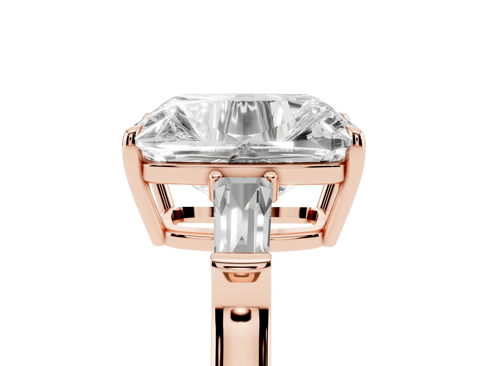 Old Mine Elongated Cushion Diamond with Side Tapered Baguette Three Stone Ring Rose gold