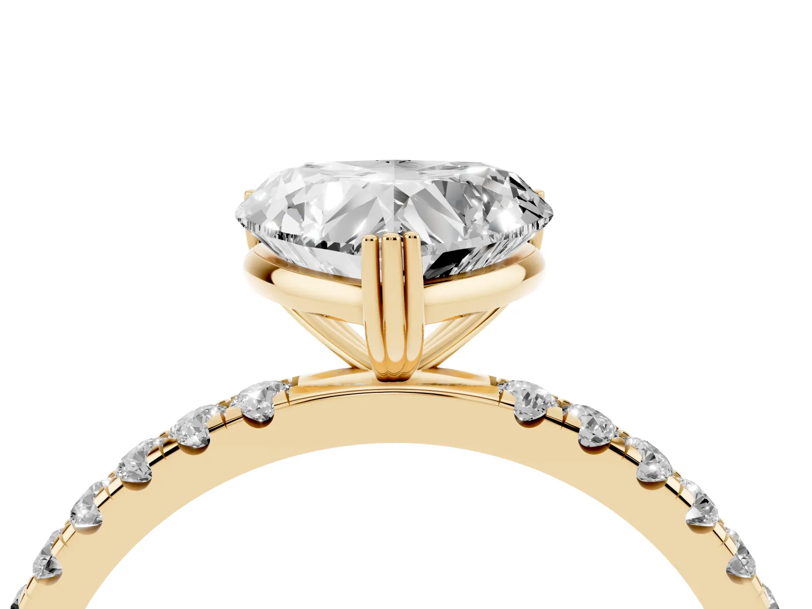 Heart Cut Brilliant Solitaire with Pavé Band and Claw Prong Setting Yellow gold