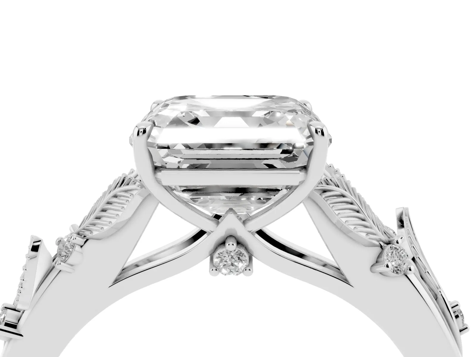 Asscher Cut Diamond Solitaire Ring with Leaf Motif Band and Four-Prong Setting White gold