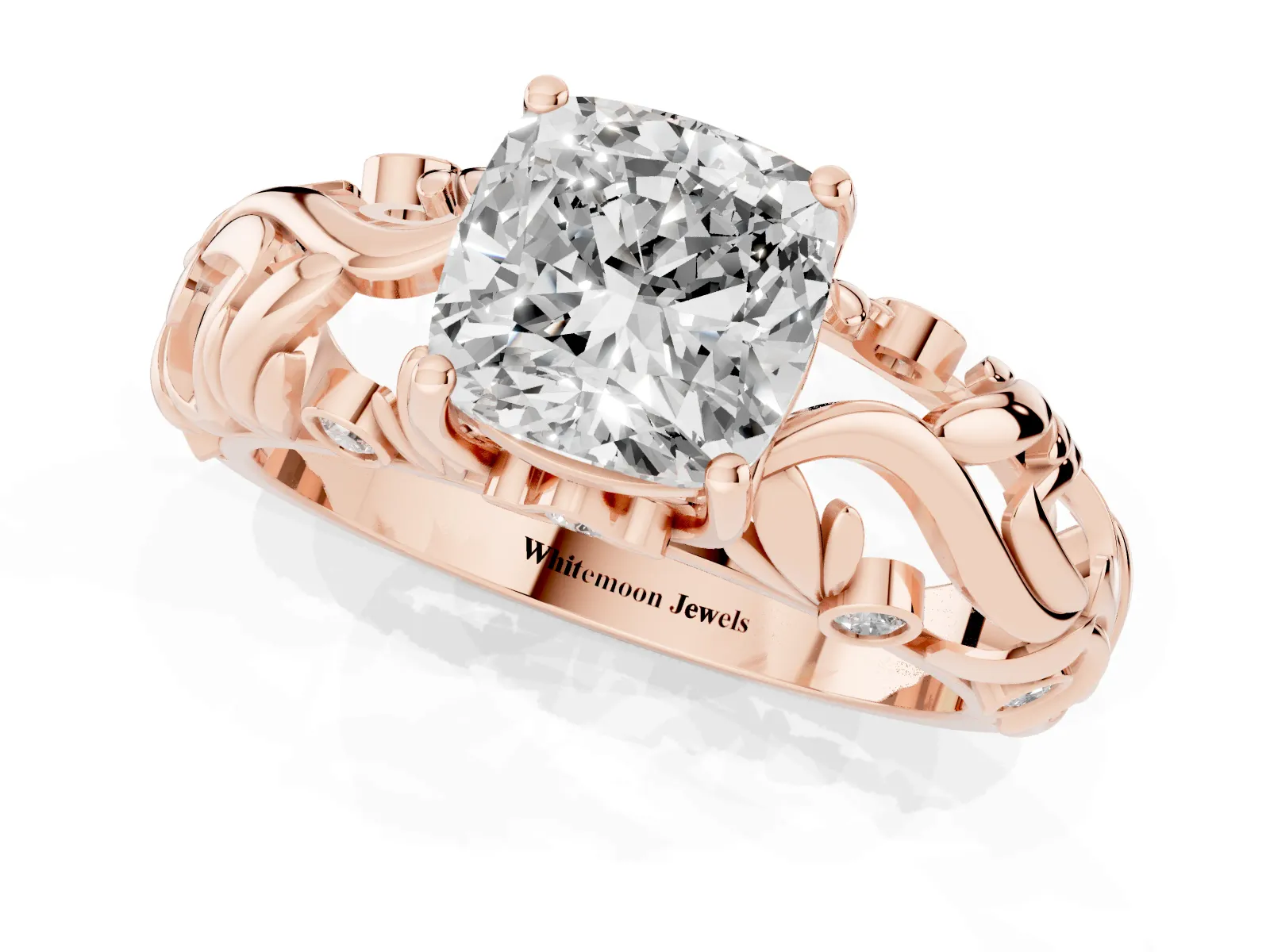 Cushion Cut Solitaire Diamond Leaf-Inspired Vine Band Ring with Prong Setting Rose gold