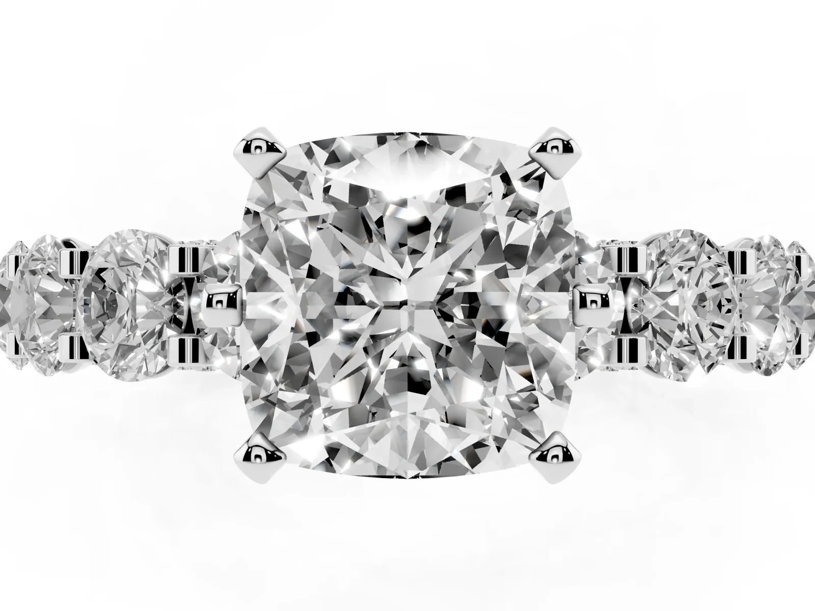 Cushion Cut Diamond Side Stone Engagement Ring with Four-Prong Setting White gold
