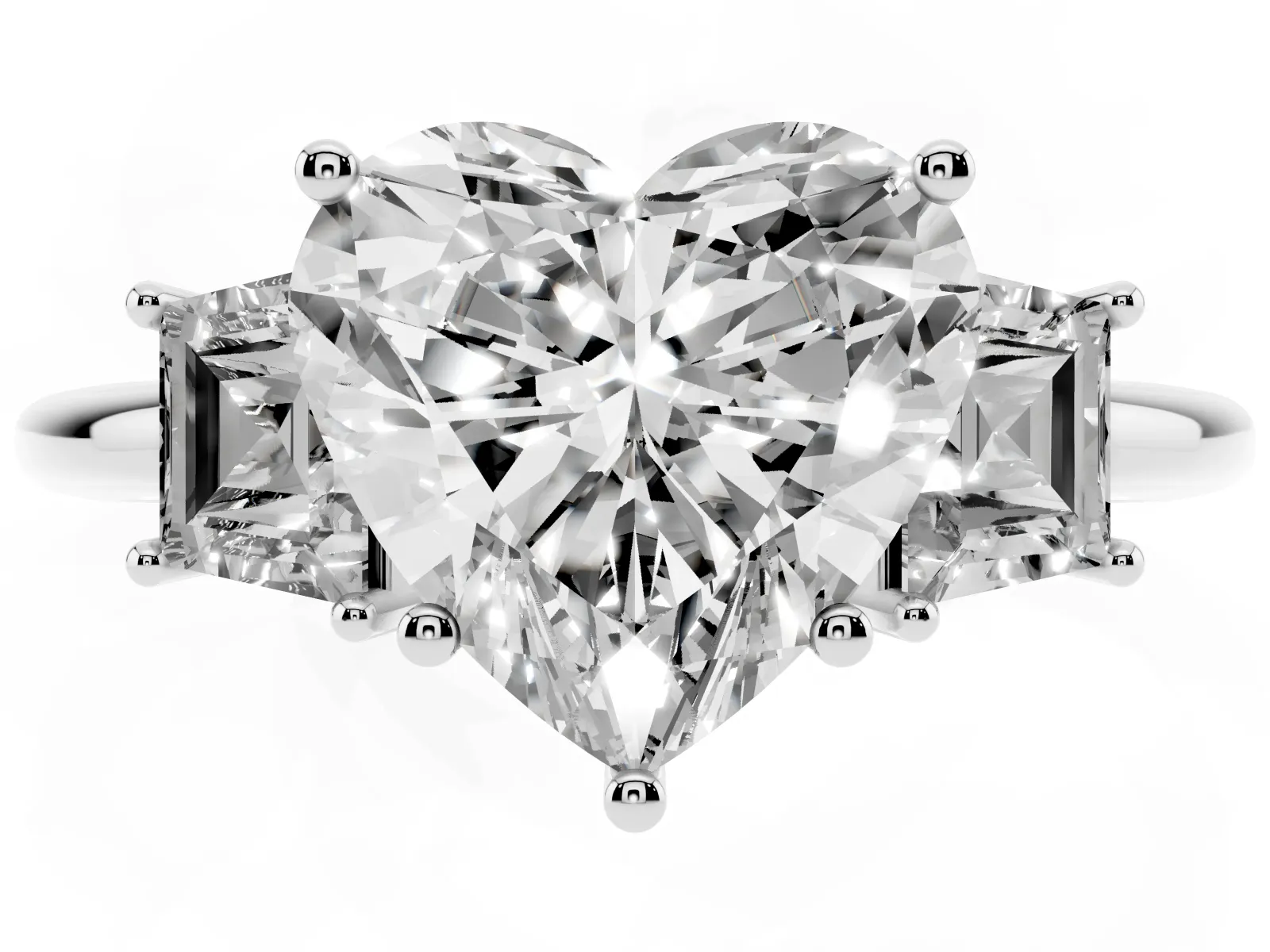 Heart Cut Diamond Three-Stone Ring with Trapezoid Side Stones and Prong Setting White gold