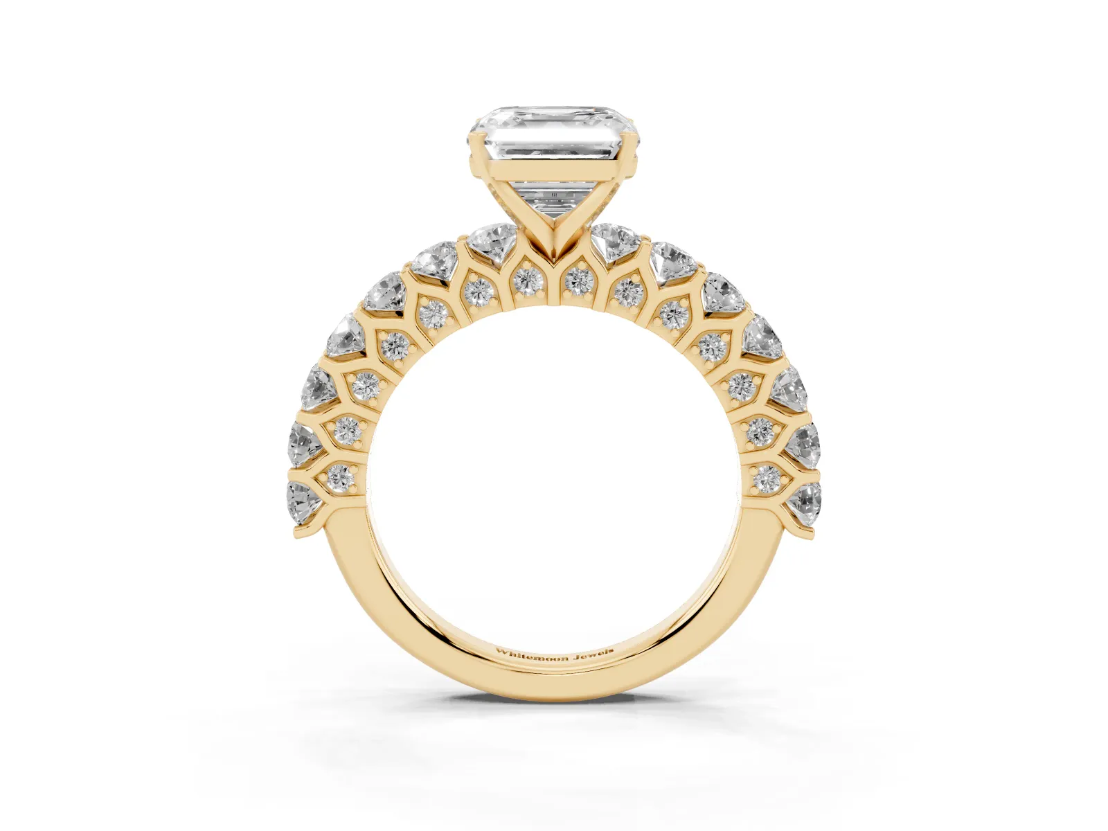 Asscher Cut Diamond Solitaire Ring with Shared Prong Pavé Band and Four-Prong Setting Yellow gold