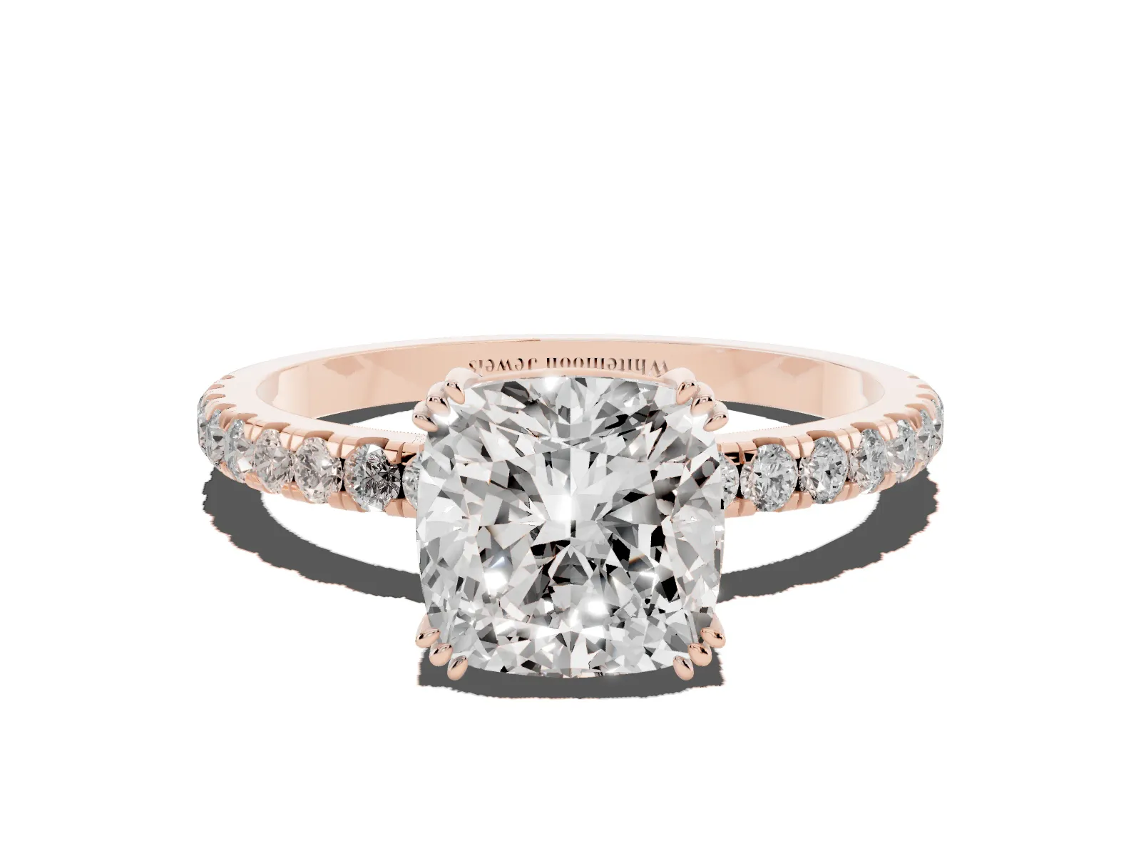 Cushion Cut Brilliant Solitaire with Pavé Band and Claw Prong Setting Rose gold