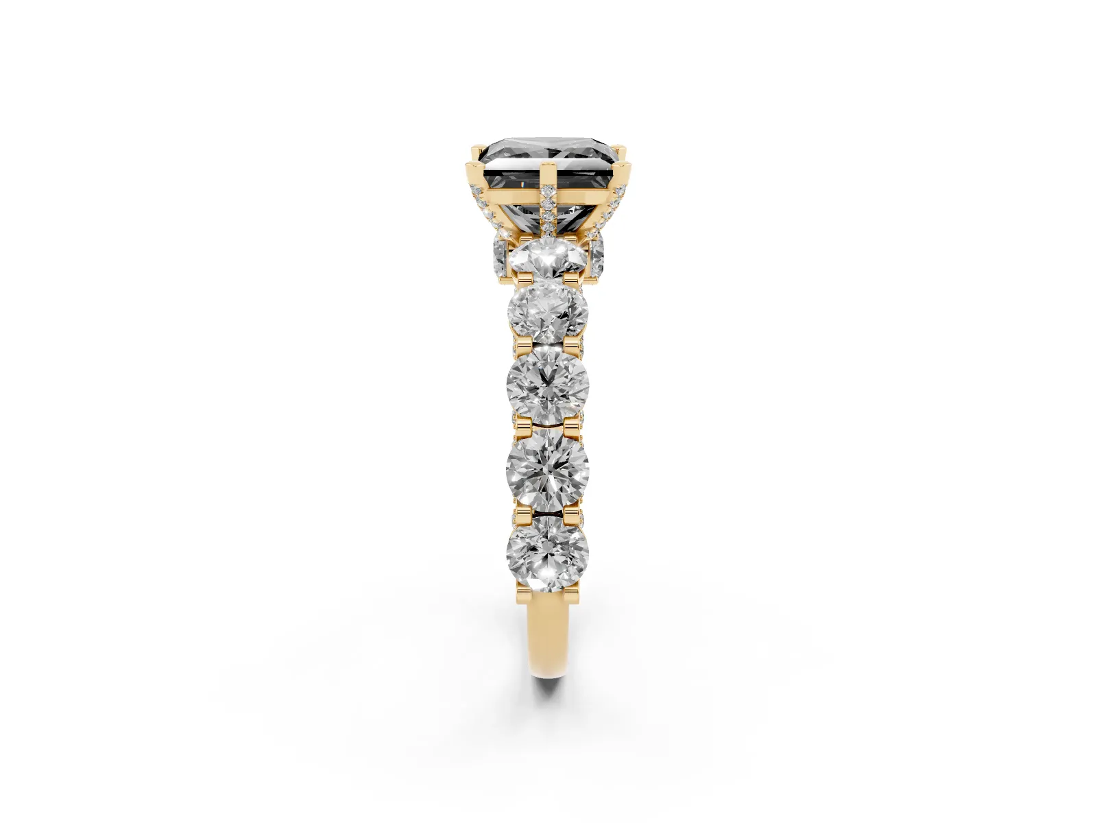 Fancy Black Princess Cut Diamond Side Stone Engagement Ring with Four-Prong Setting Yellow gold