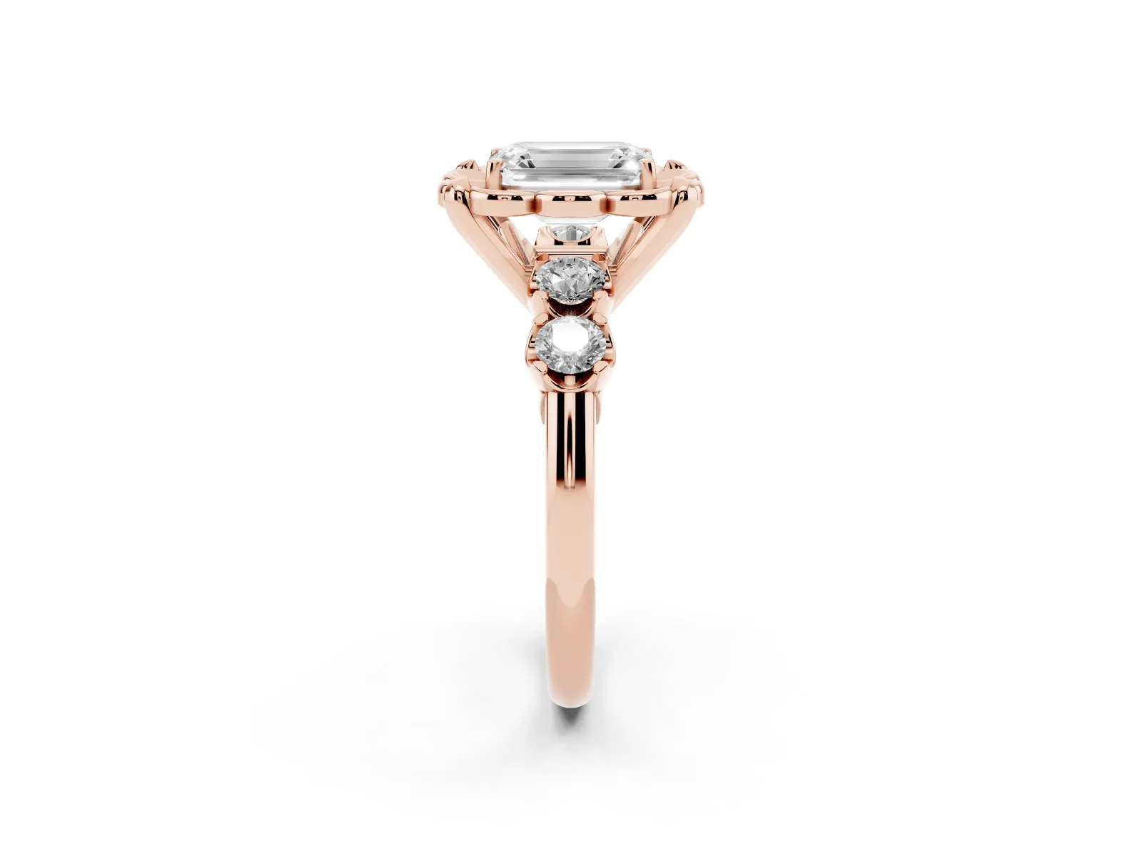 Emerald Cut Cut Diamond Floral Halo Engagement Ring with Shared Prong Setting Rose gold