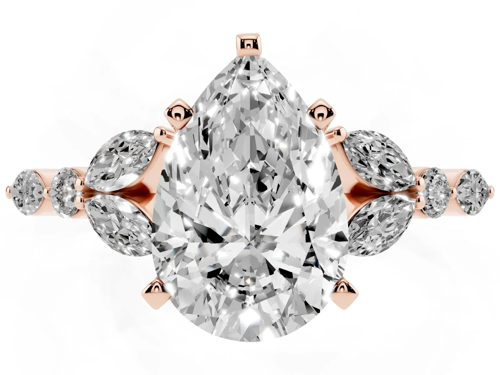 Pear Cut Diamond Solitaire Ring with Side Stones and Four-Prong Setting Rose gold