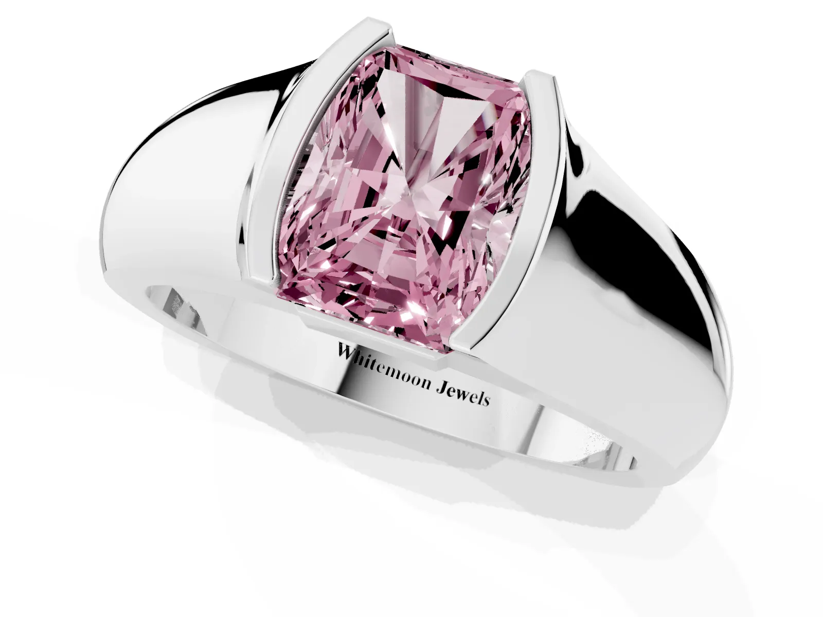 Fancy Pink Radiant Cut Solitaire Bezel Set Diamond Ring with Wide Band White gold