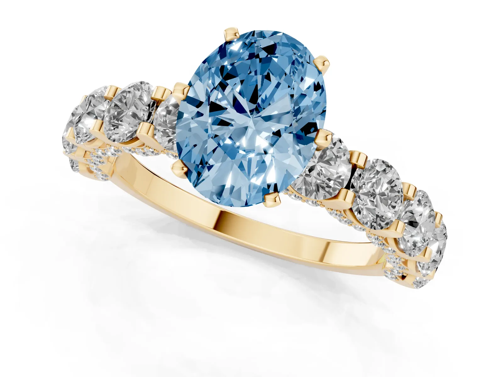 Fancy Blue Oval Cut Diamond Side Stone Engagement Ring with Four-Prong Setting Yellow gold