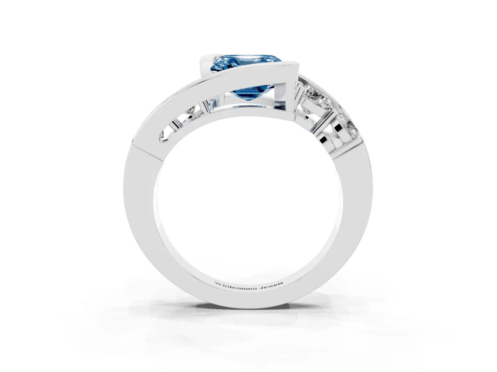 Fancy Blue Bezel Set Asscher Cut Diamond Bypass Ring with Round Accents Platinum