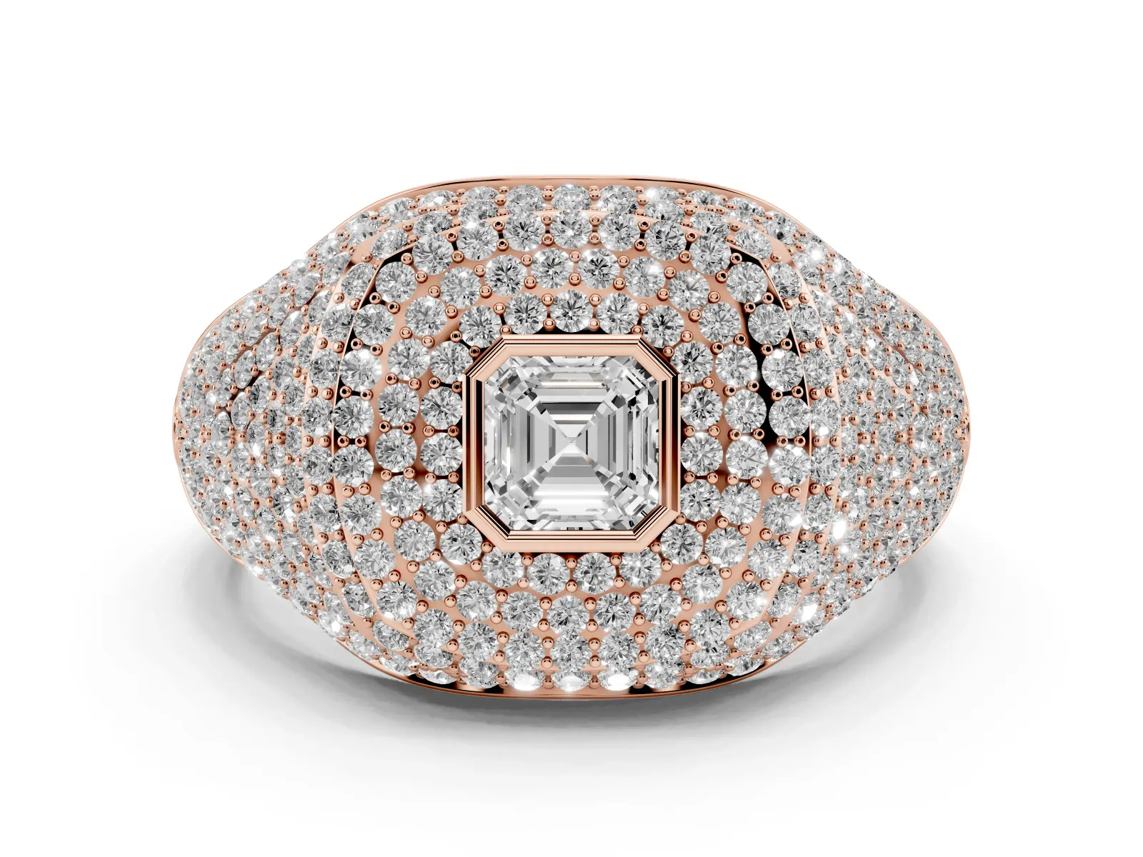 Asscher Cut Diamond Bezel Set Pavé Dome Mens Ring Rose gold
