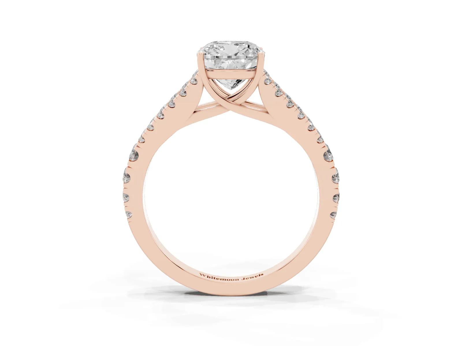 Cushion Cut Diamond Split Shank Engagement Ring with Round Pavé and Prong Setting Rose gold