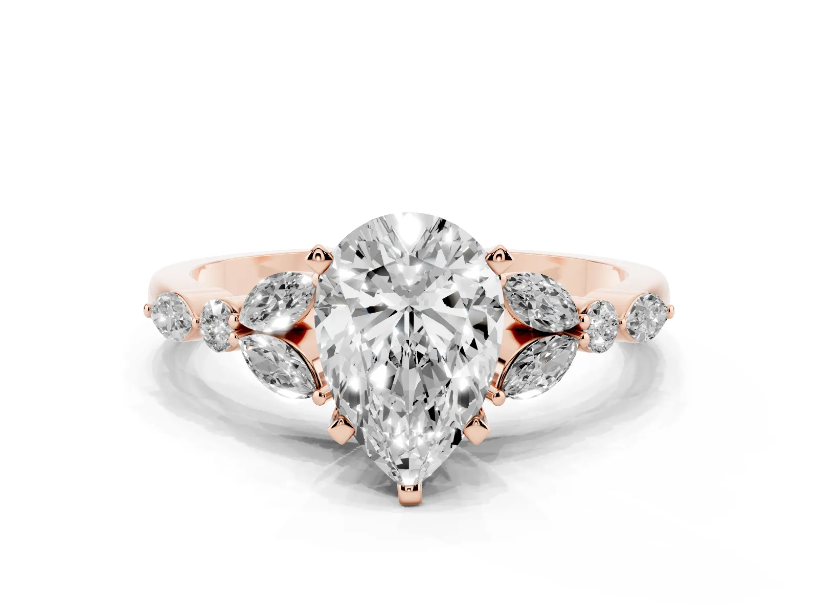 Pear Cut Diamond Solitaire Ring with Side Stones and Four-Prong Setting Rose gold