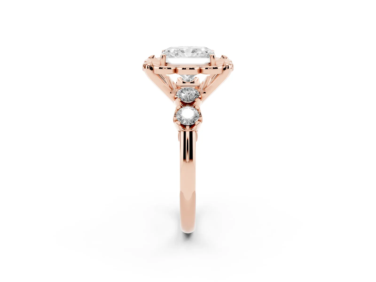 Radiant Cut Cut Diamond Floral Halo Engagement Ring with Shared Prong Setting Rose gold