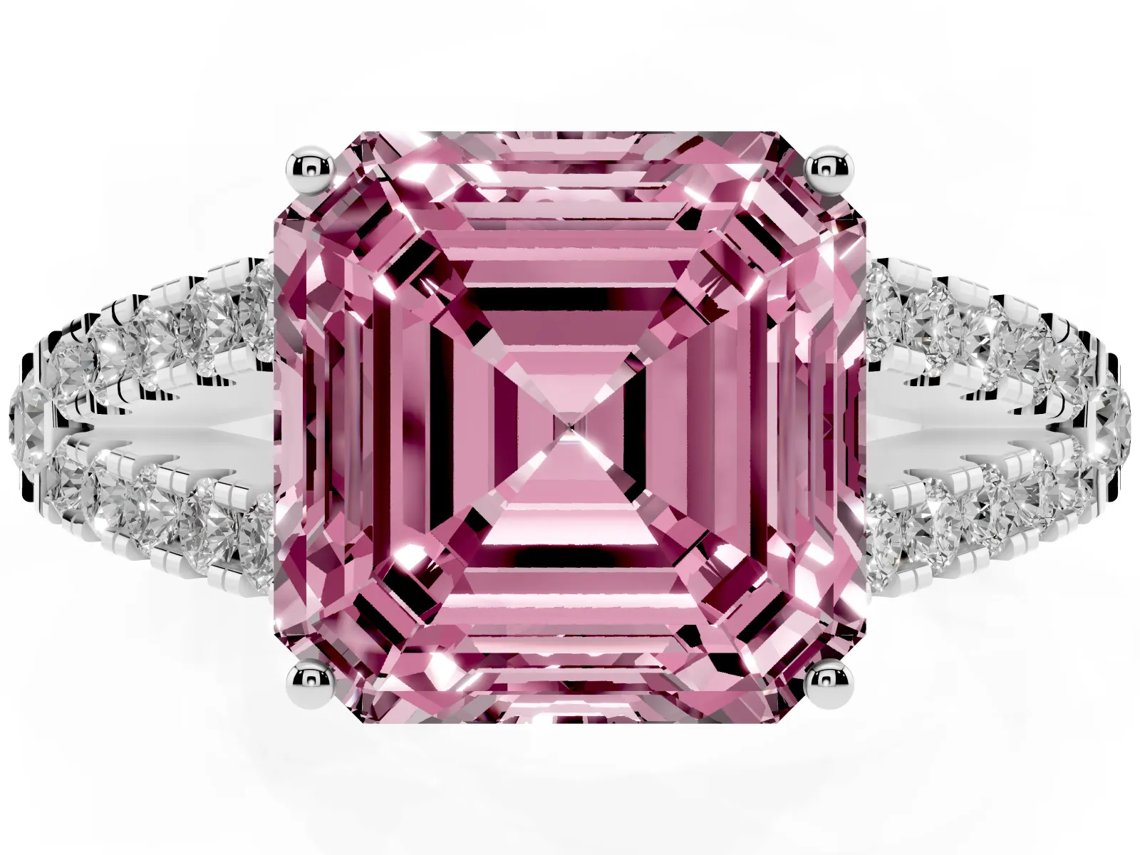 Fancy Pink Asscher Cut Diamond Split Shank Engagement Ring with Round Pavé and Prong Setting White gold