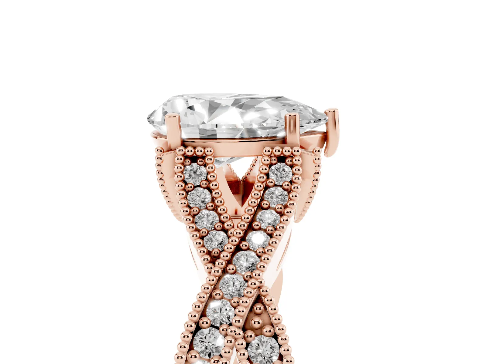 Pear Cut Cut Diamond Twisted Band with Milgrain Pave Setting and Four-Prong Setting Rose gold