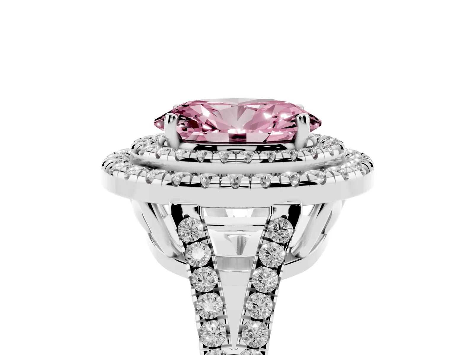 Fancy Pink Oval Cut Diamond Double Halo Ring with Pavé Band and Prong Setting Platinum
