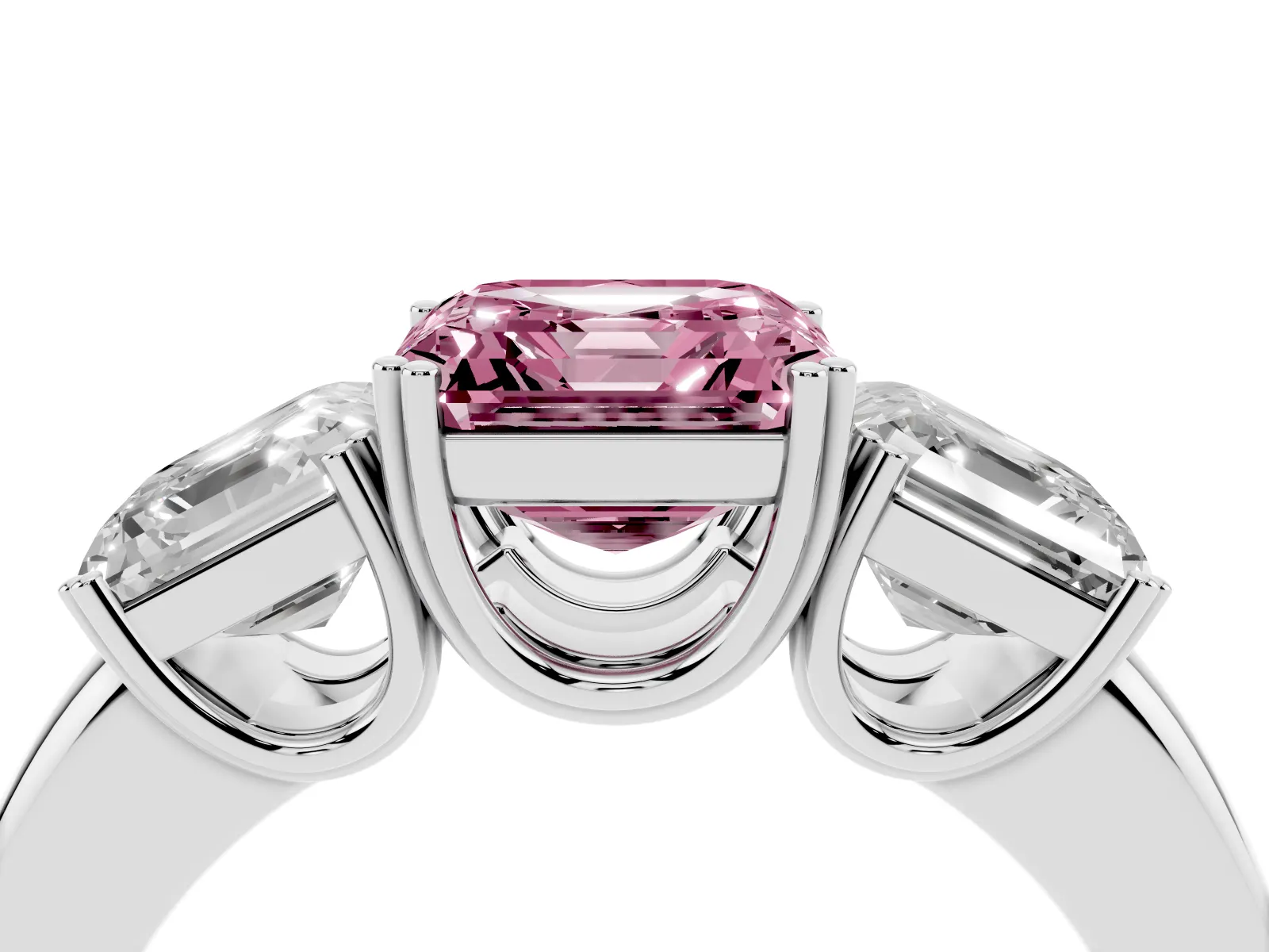Fancy Pink Three-Stone Asscher Cut Cut Diamond Ring with Channel Set Band and Four-Prong Setting White gold