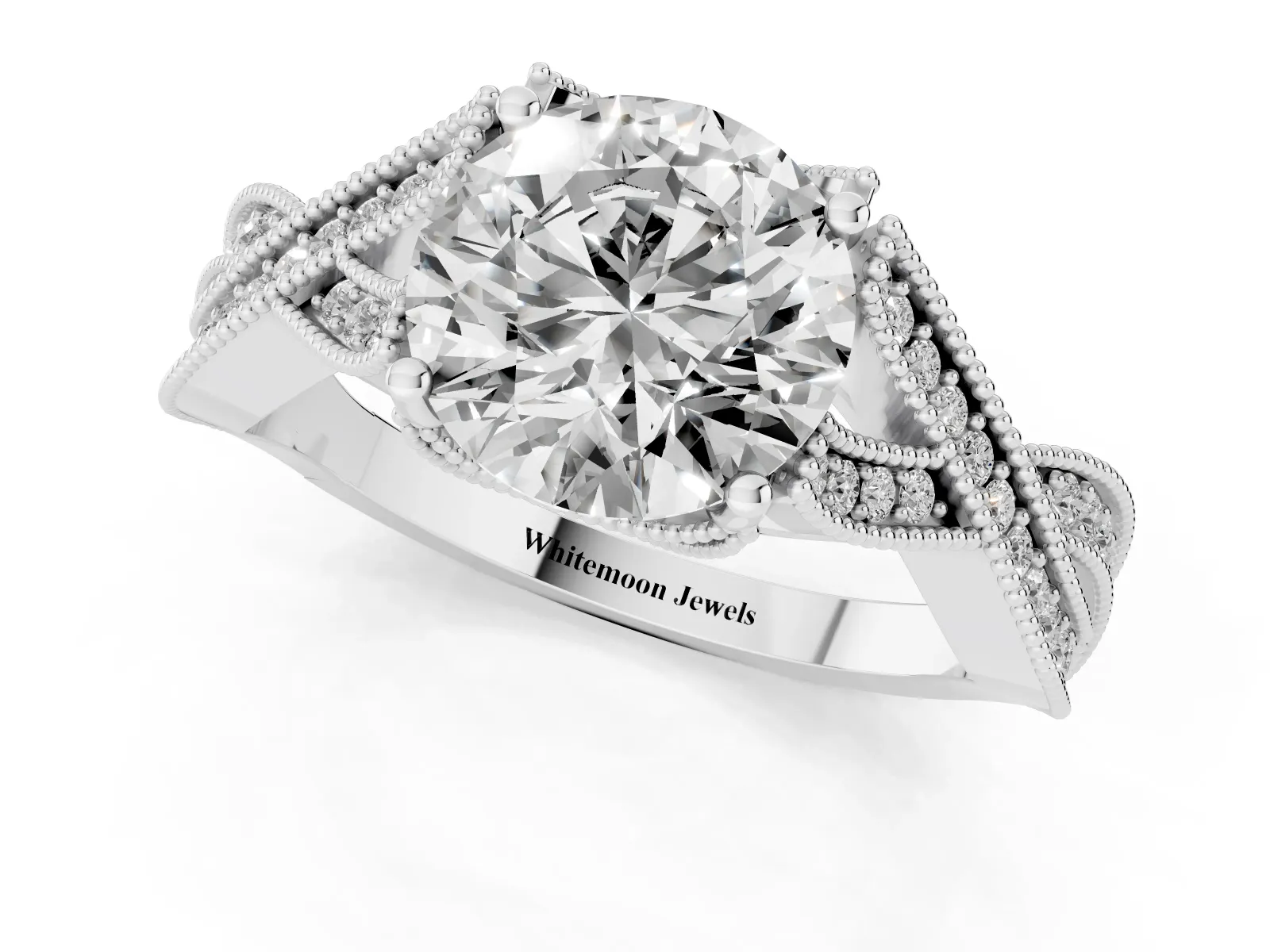 Round Cut Cut Diamond Twisted Band with Milgrain Pave Setting and Four-Prong Setting Platinum