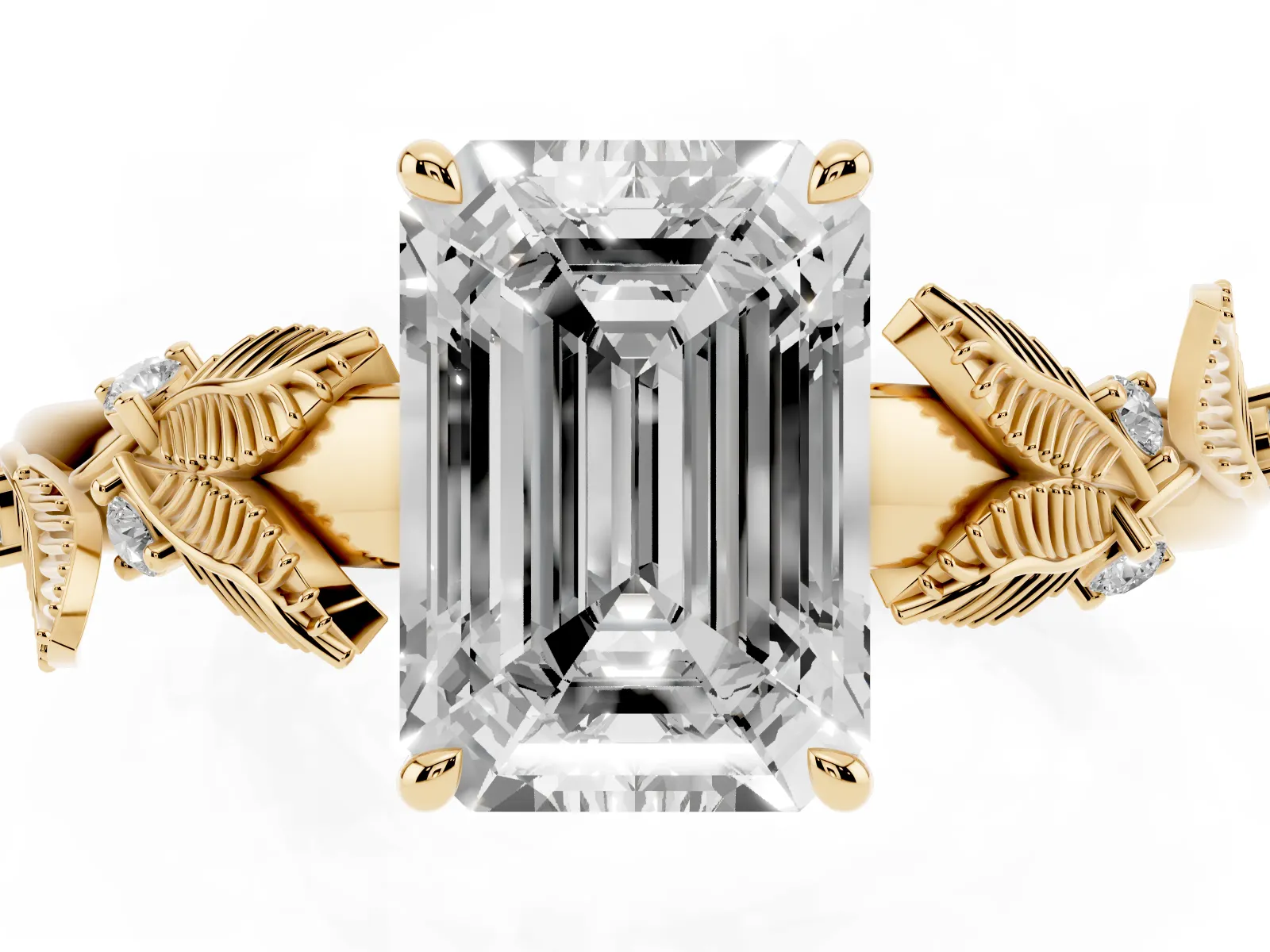Emerald Cut Diamond Solitaire Ring with Leaf Motif Band and Four-Prong Setting Yellow gold
