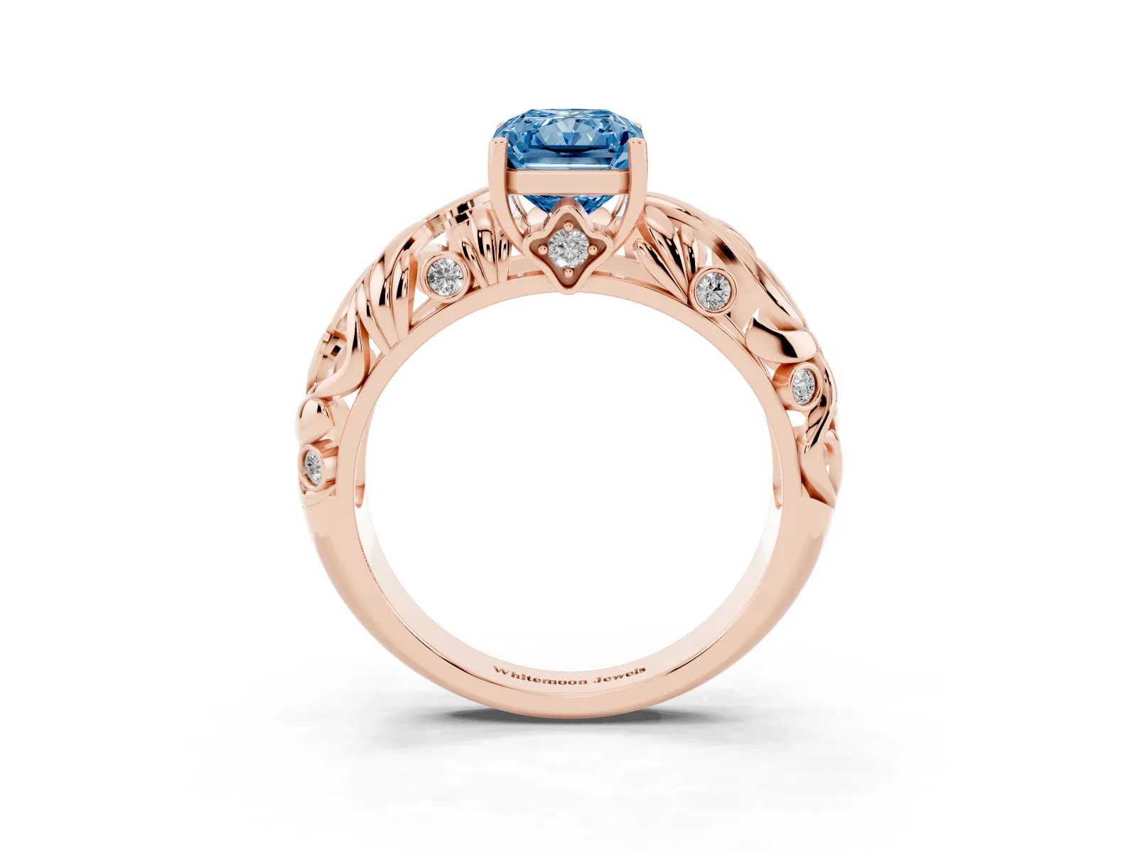 Fancy Blue Radiant Cut Solitaire Diamond Leaf-Inspired Vine Band Ring with Prong Setting Rose gold