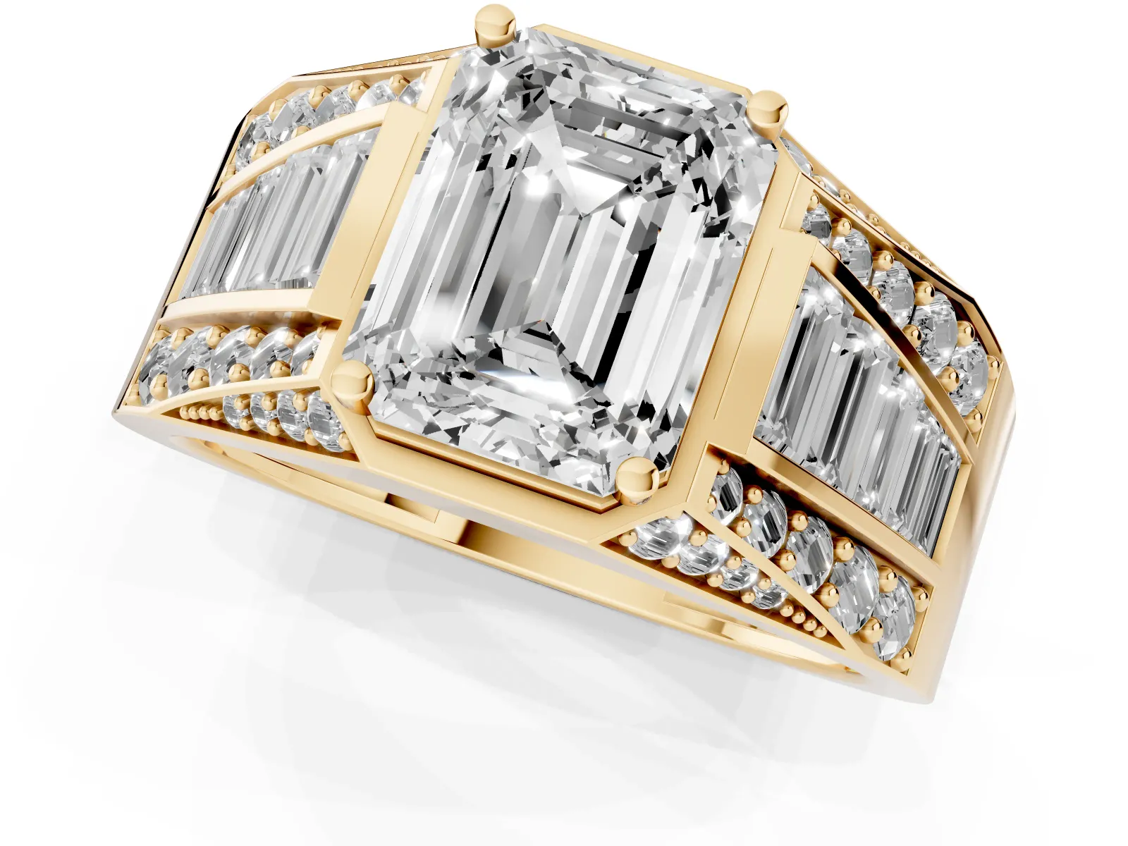 Emerald Cut Diamond Mens Ring with Baguette Side Stones Yellow gold