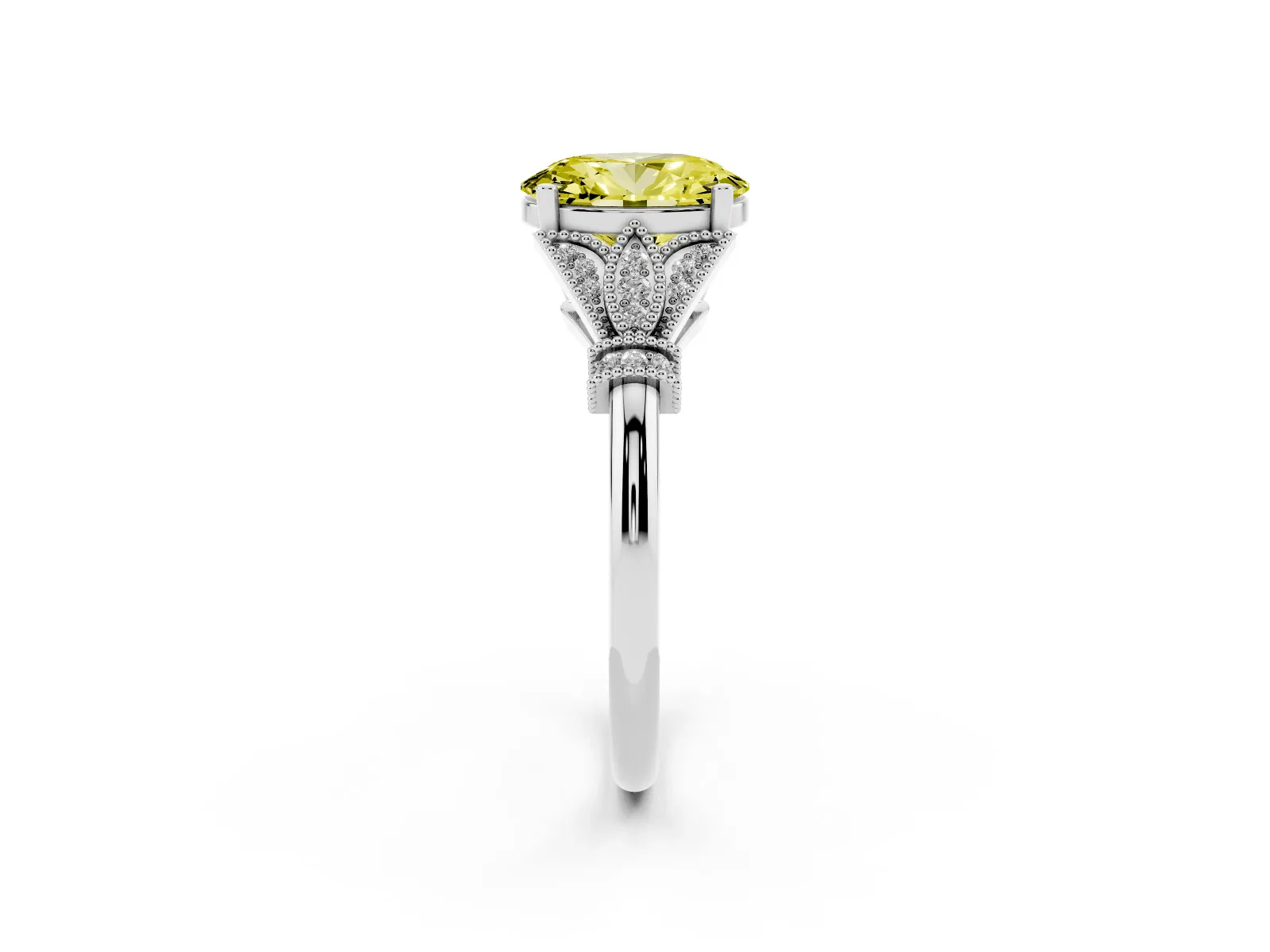 Fancy Yellow Oval Cut Diamond Solitaire Ring with Floral Filigree and Pave Accents White gold