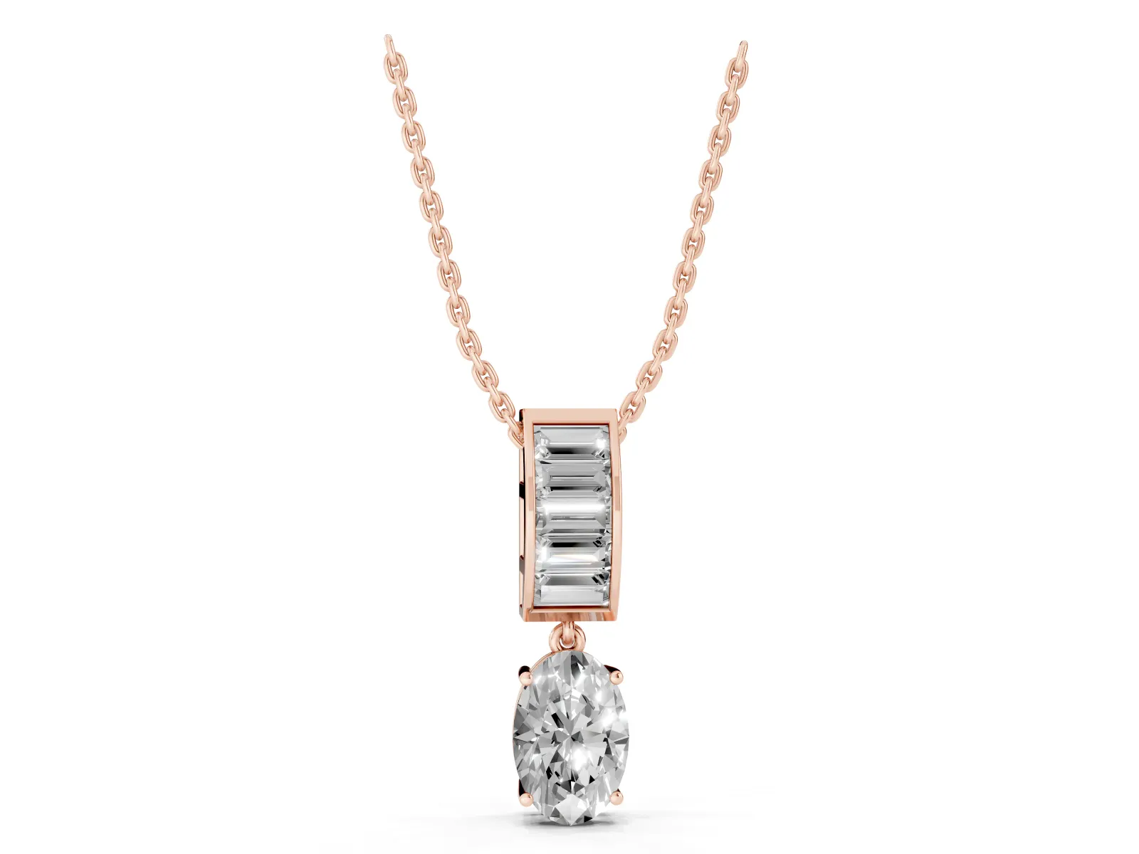 Oval and Baguette Diamond Drop Pendant Rose gold