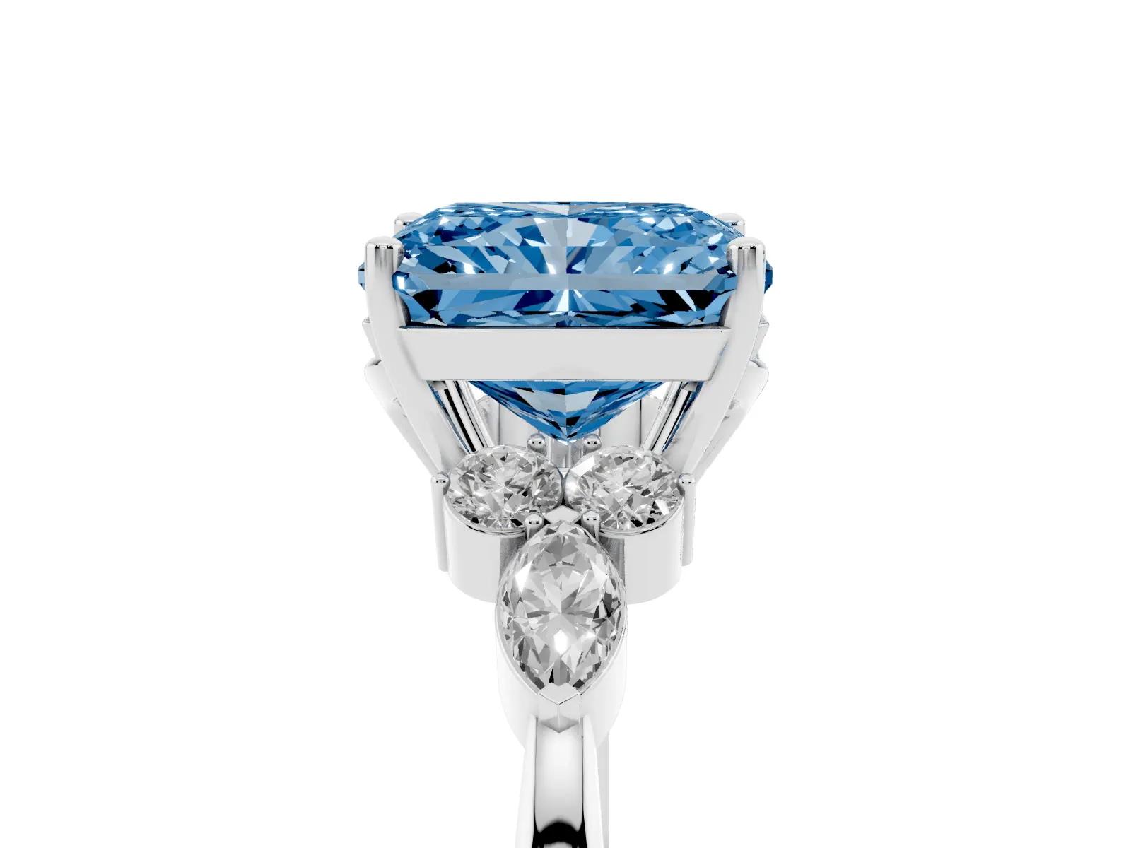 Fancy Blue Radiant Cut Brilliant Diamond Solitaire Ring with Pear Side Stones and Four-Prong Setting White gold