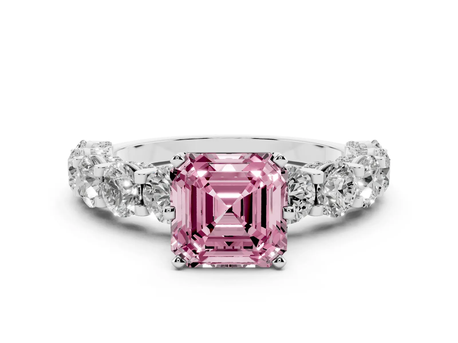 Fancy Pink Asscher Cut Diamond Side Stone Engagement Ring with Four-Prong Setting Platinum