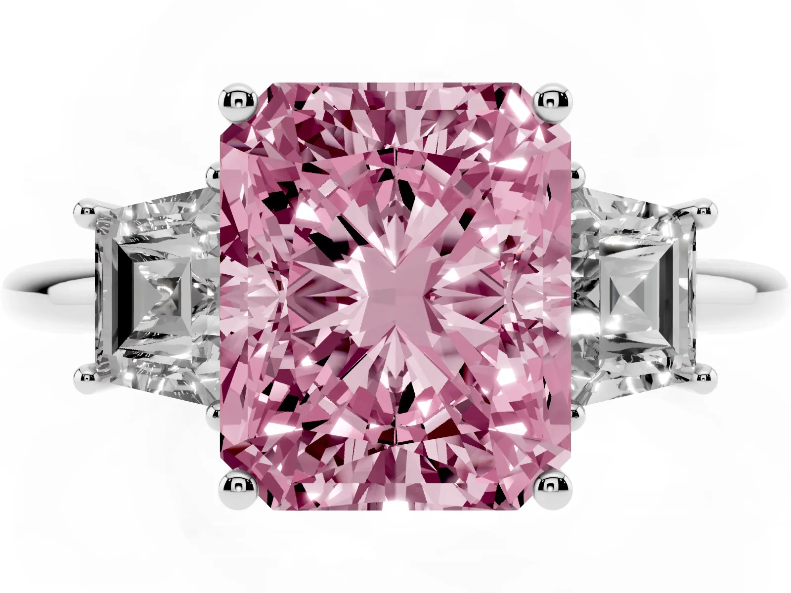 Fancy Pink Radiant Cut Diamond Three-Stone Ring with Trapezoid Side Stones and Prong Setting Platinum