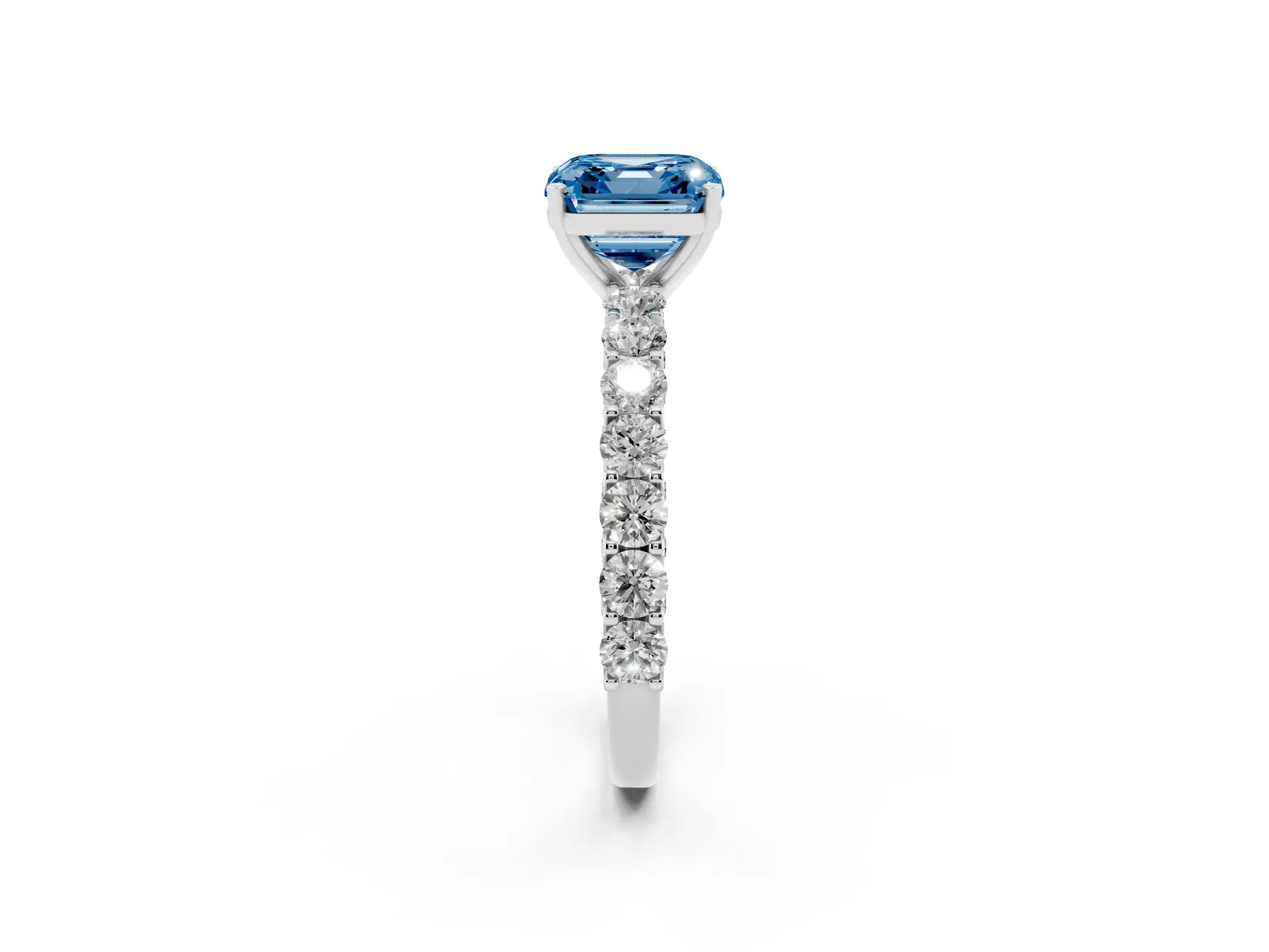 Fancy Blue Asscher Cut Diamond Solitaire Ring with Shared Prong Pavé Band and Four-Prong Setting White gold