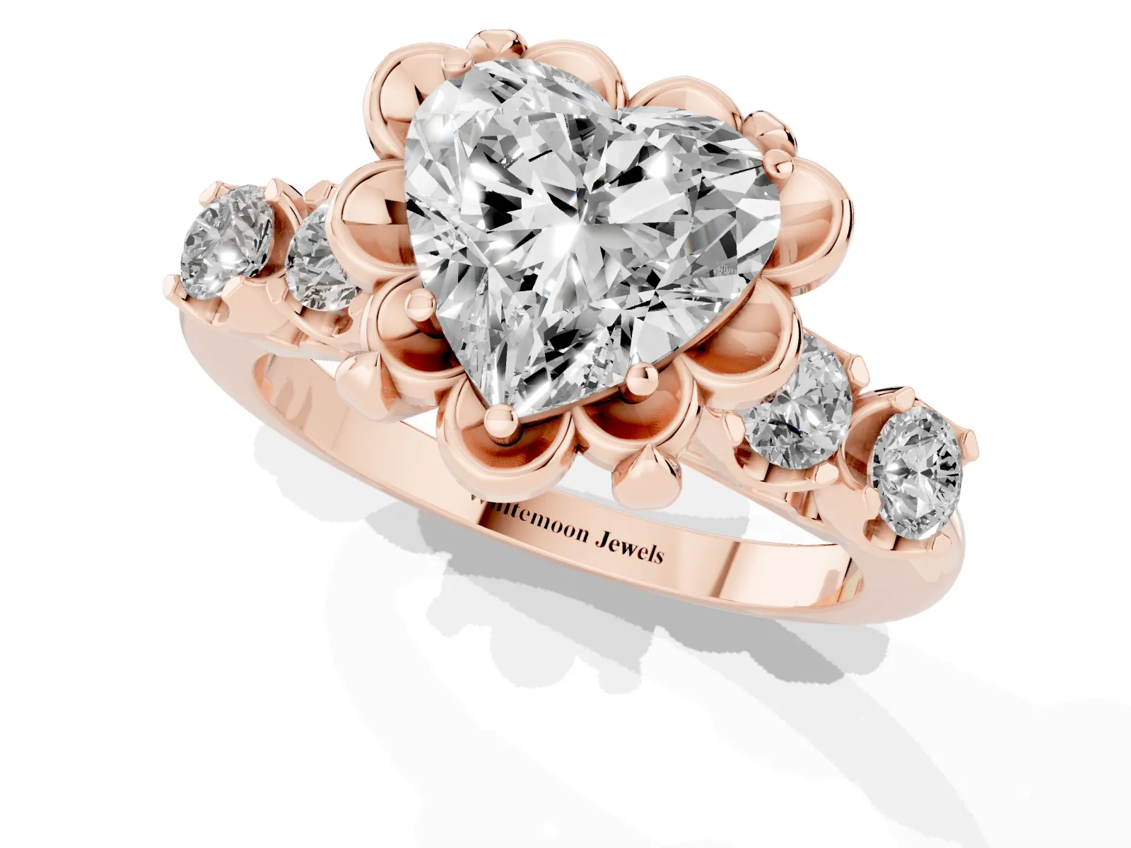 Heart Cut Cut Diamond Floral Halo Engagement Ring with Shared Prong Setting Rose gold