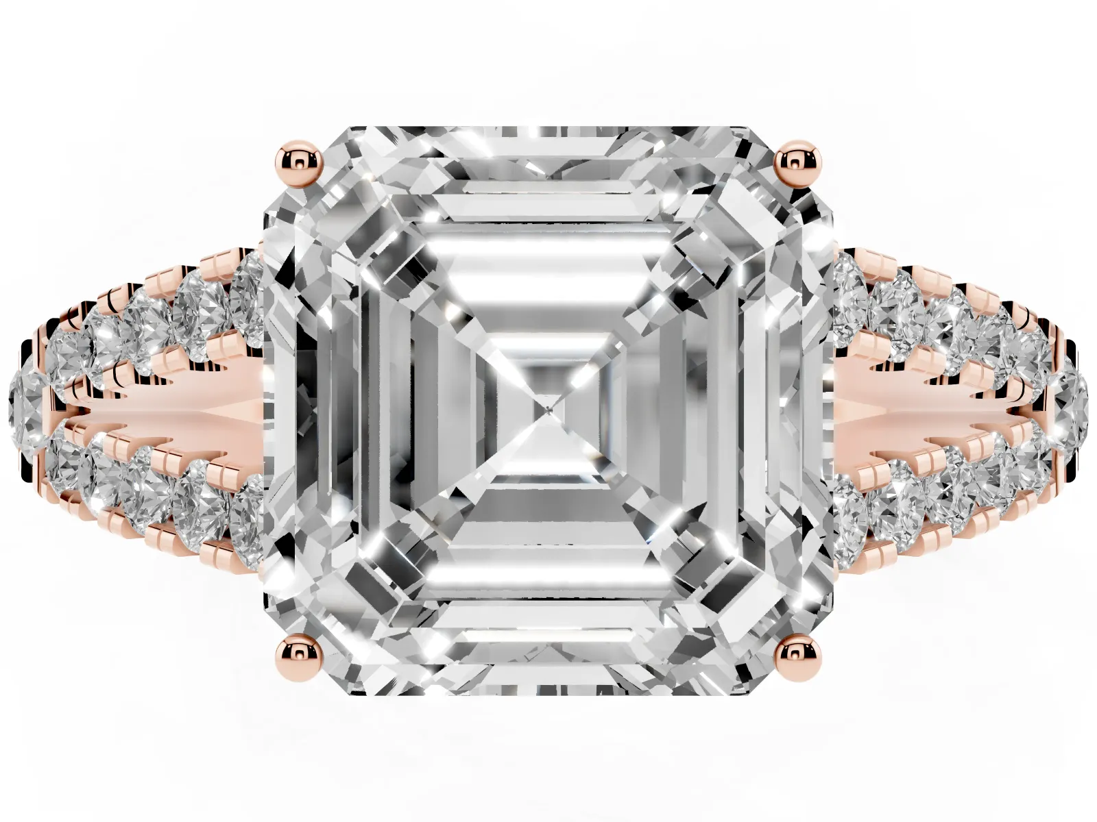 Asscher Cut Diamond Split Shank Engagement Ring with Round Pavé and Prong Setting Rose gold