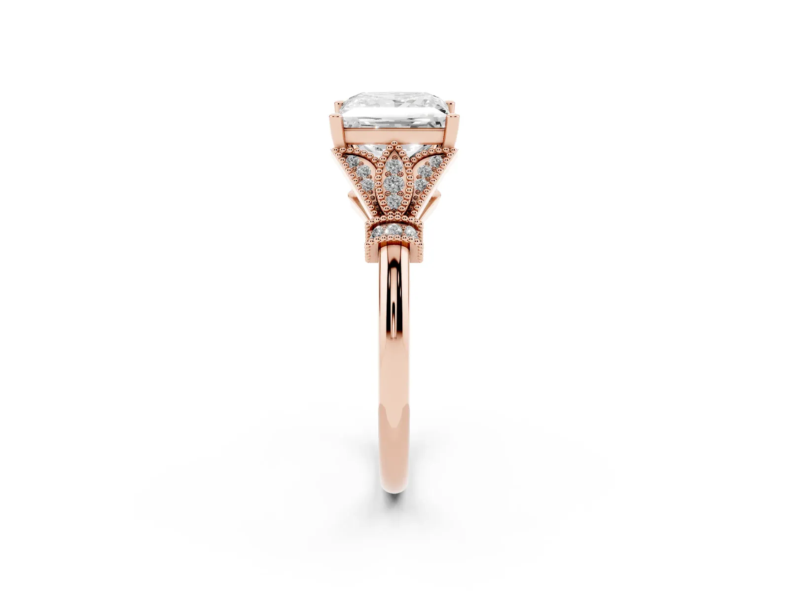 Princess Cut Diamond Solitaire Ring with Floral Filigree and Pave Accents Rose gold