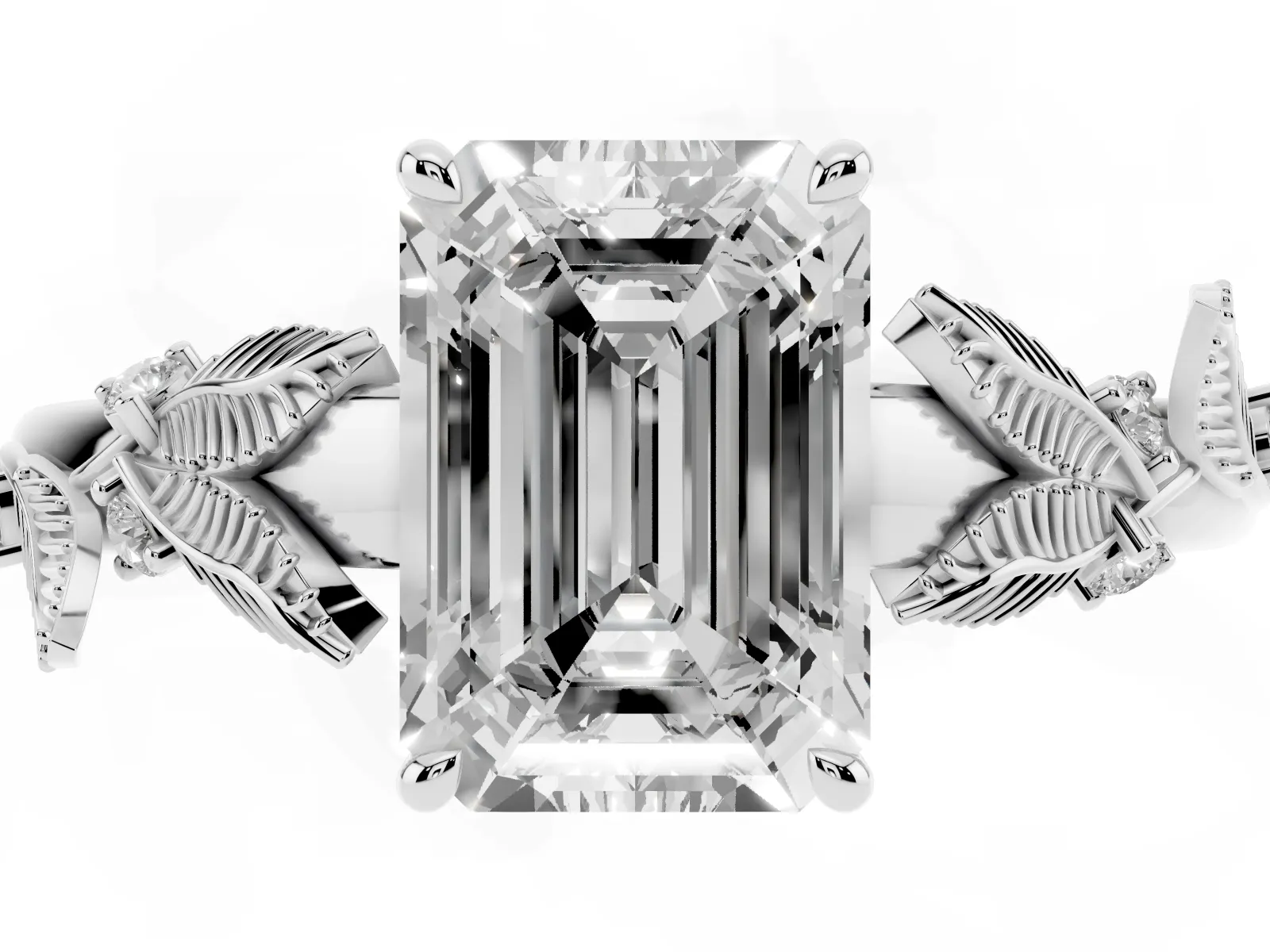 Emerald Cut Diamond Solitaire Ring with Leaf Motif Band and Four-Prong Setting Platinum