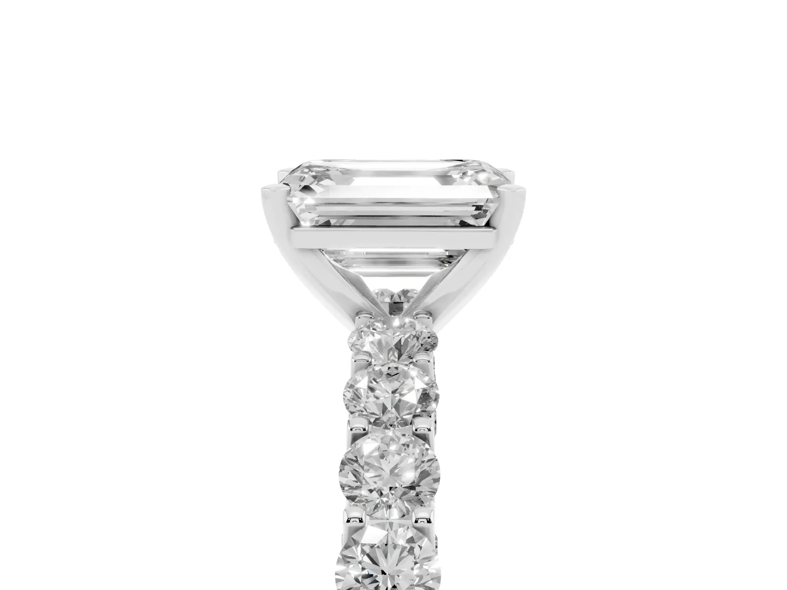 Emerald Cut Diamond Solitaire Ring with Shared Prong Pavé Band and Four-Prong Setting White gold