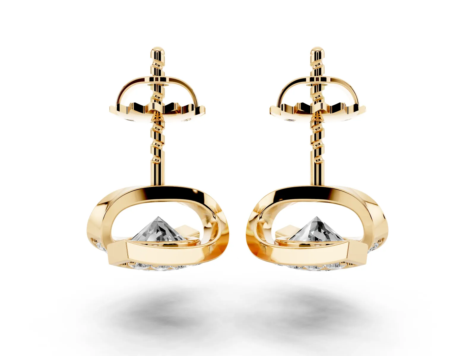 Round Diamond Curve Wave Stud Earrings Yellow gold