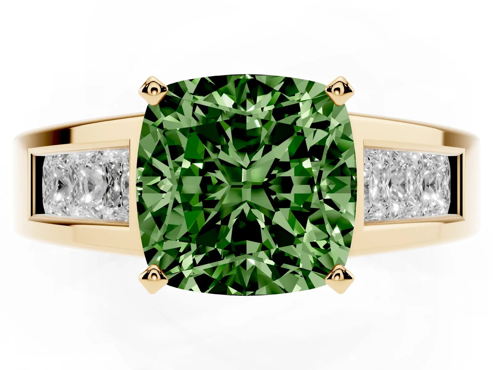 Fancy Green Cushion Cut Cut Channel Set Solitaire Ring with Four-Prong Setting Yellow gold