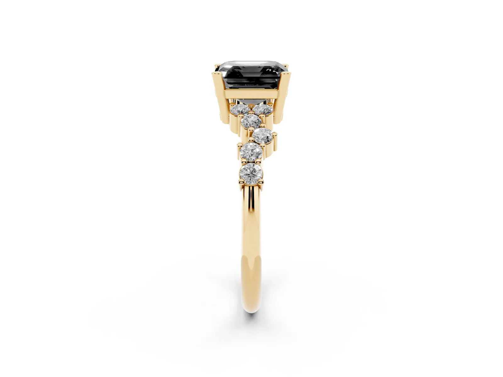 Fancy Black Asscher Cut Diamond Scattered Round Accent Ring with Prong Setting Yellow gold