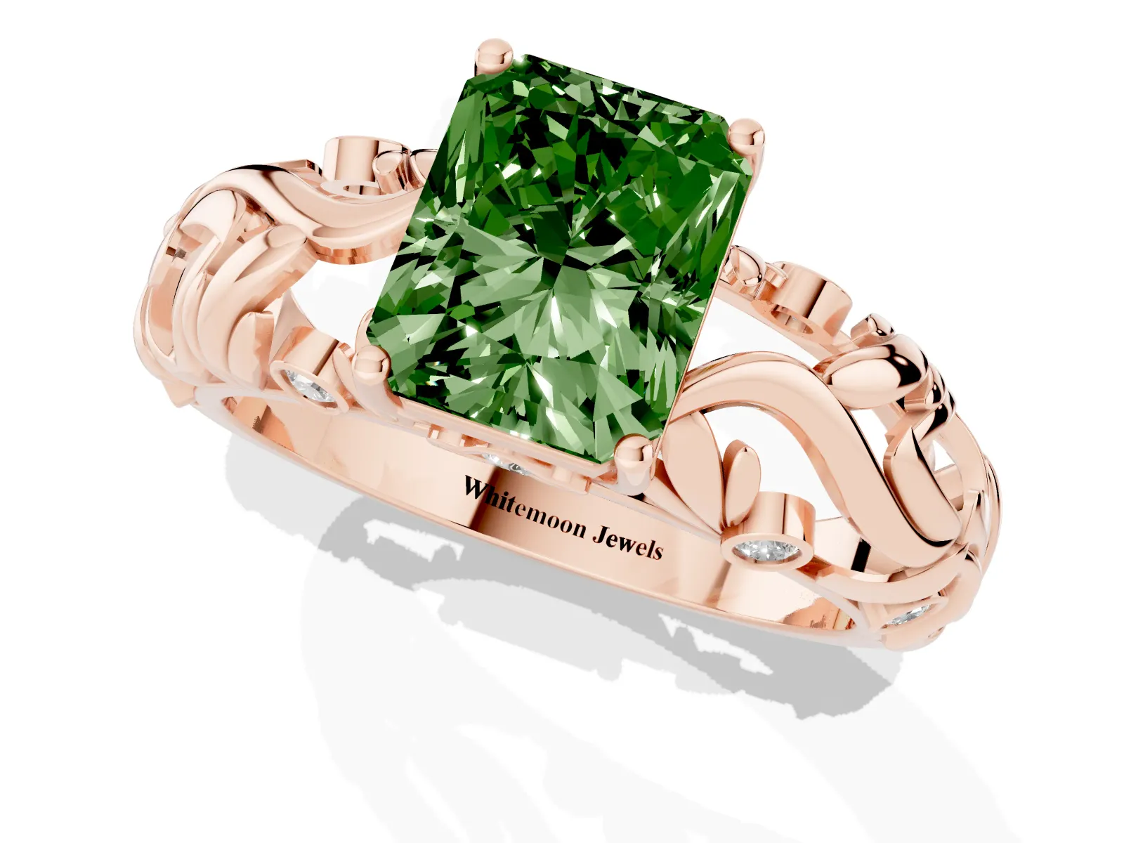 Fancy Green Radiant Cut Solitaire Diamond Leaf-Inspired Vine Band Ring with Prong Setting Rose gold