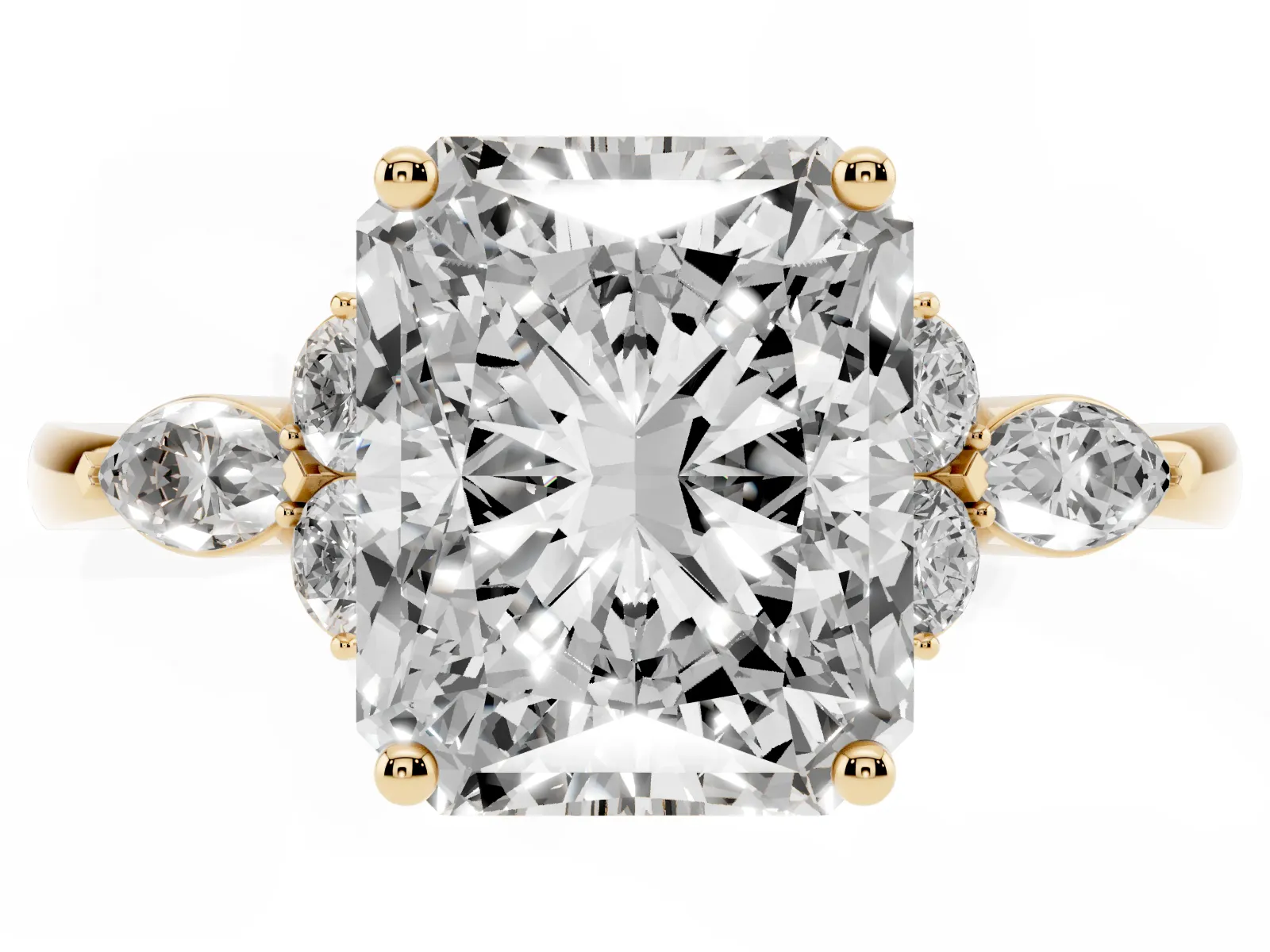 Radiant Cut Brilliant Diamond Solitaire Ring with Pear Side Stones and Four-Prong Setting Yellow gold