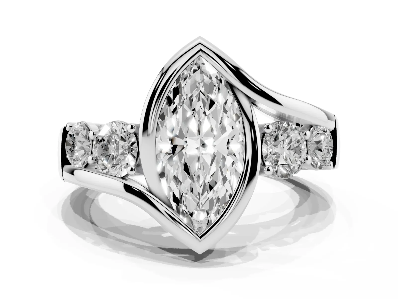 Bezel Set Marquise Cut Diamond Bypass Ring with Round Accents White gold