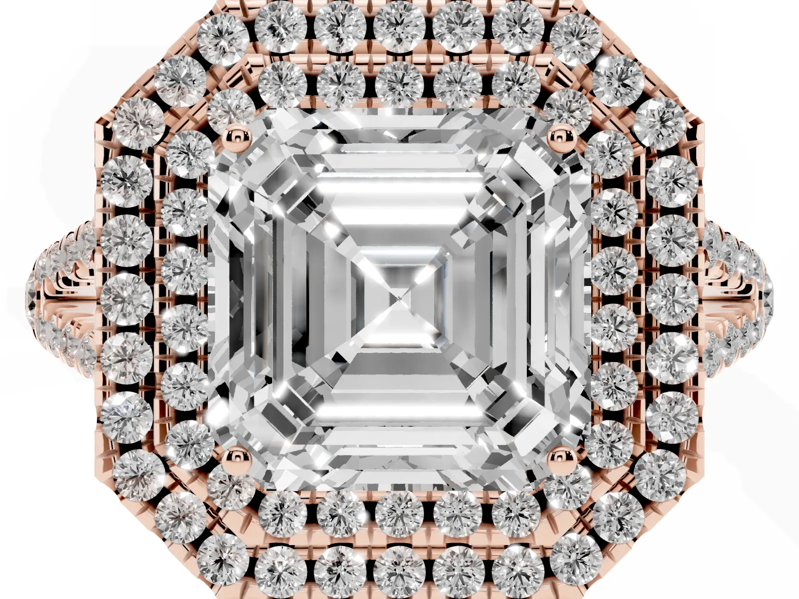 Asscher Cut Diamond Double Halo Ring with Pavé Band and Prong Setting Rose gold