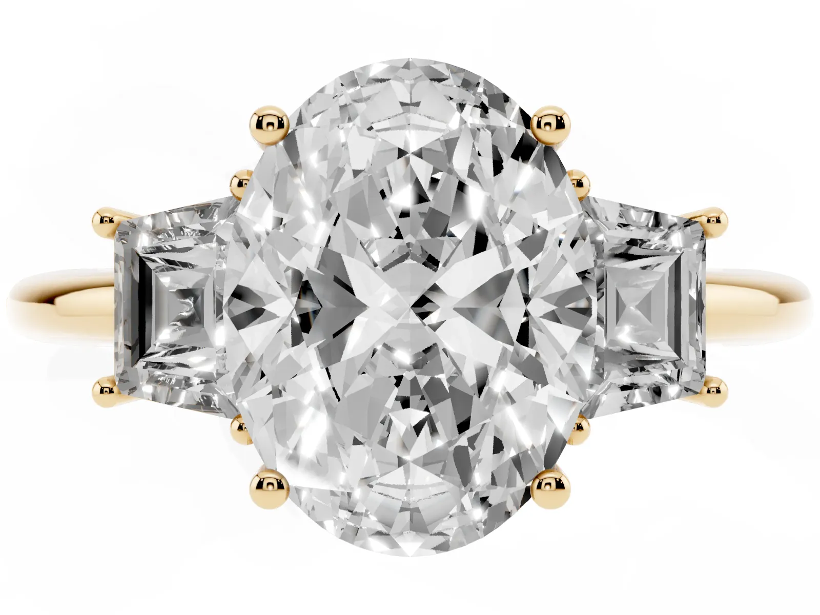 Oval Cut Diamond Three-Stone Ring with Trapezoid Side Stones and Prong Setting Yellow gold